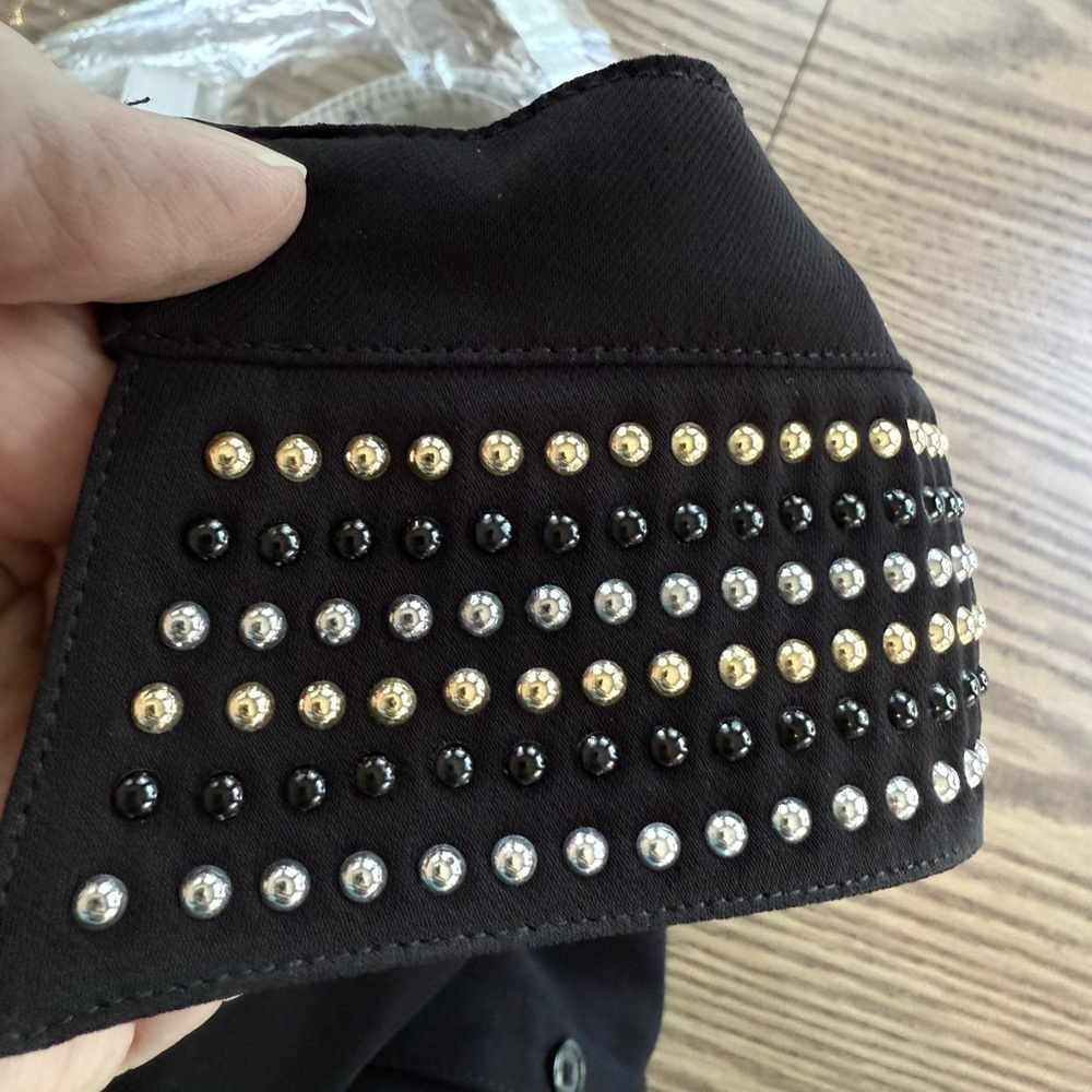 Career Multi Colored Metal Stud Embellished Black Collar Button Down Shirt Blous - Picture 2 of 8